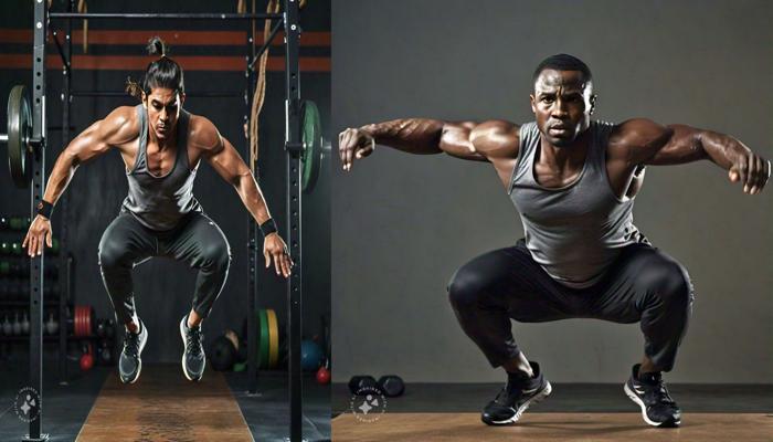 On the left, a man with long hair tied back is captured mid-jump while holding onto a barbell rack, likely performing a pull-up or jump-assisted exercise, highlighting upper body and explosive strength. On the right, a muscular man is performing a squat jump, with his arms extended outward and body low to the ground, emphasizing power and leg strength.