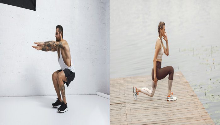 A man performing a bodyweight squat in a minimalistic room, wearing athletic gear with visible tattoos, showcasing bodyweight exercises. Right Image: A woman with a prosthetic leg performing lunges on a wooden deck by the water, dressed in workout attire, highlighting her commitment to bodyweight training and showcasing her determination in fitness.