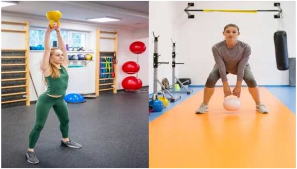 Two women performing kettlebell exercises: one lifting a kettlebell overhead, the other in a squat with a kettlebell on the floor. Both are in gym environments with equipment around them.