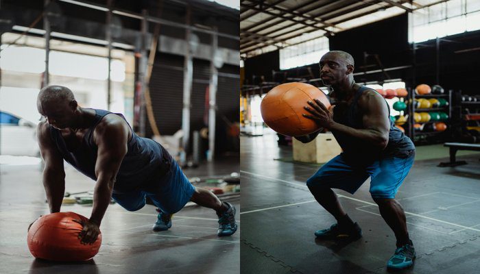 A man is seen exercising in a gym with an orange medicine ball. On the left, he's doing a push-up, and on the right, he's holding the ball while squatting.