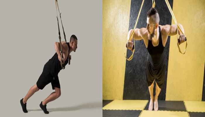 Two men performing suspension training exercises. The left man has a beard, while the right man has short hair, both engaged in different positions using TRX bands.