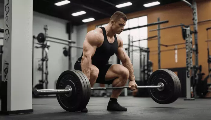 Man performing a weightlifting exercise, lifting a barbell in a gym setting to enhance strength training and build muscle.